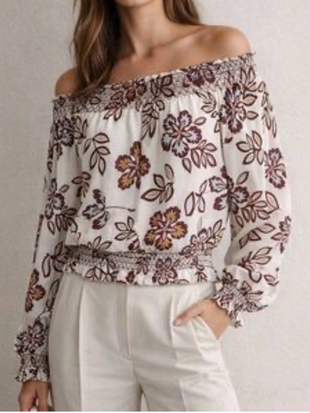Tory Burch floral off the shoulder smocked boho preppy garden truffle top sz XS